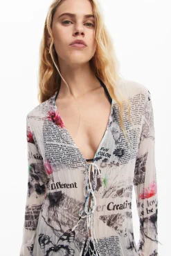 Camisas Y Blusas|Vestidos Y Monos-Desigual Blusa larga estampado periódico
