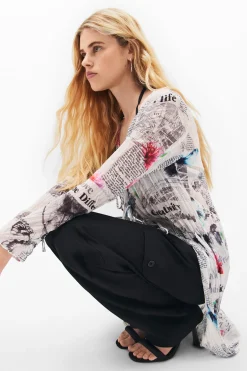 Camisas Y Blusas|Vestidos Y Monos-Desigual Blusa larga estampado periódico