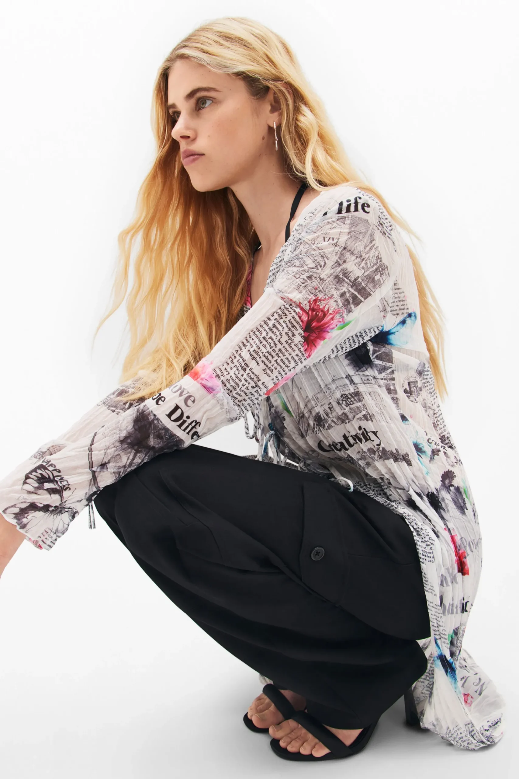 Camisas Y Blusas|Vestidos Y Monos-Desigual Blusa larga estampado periódico