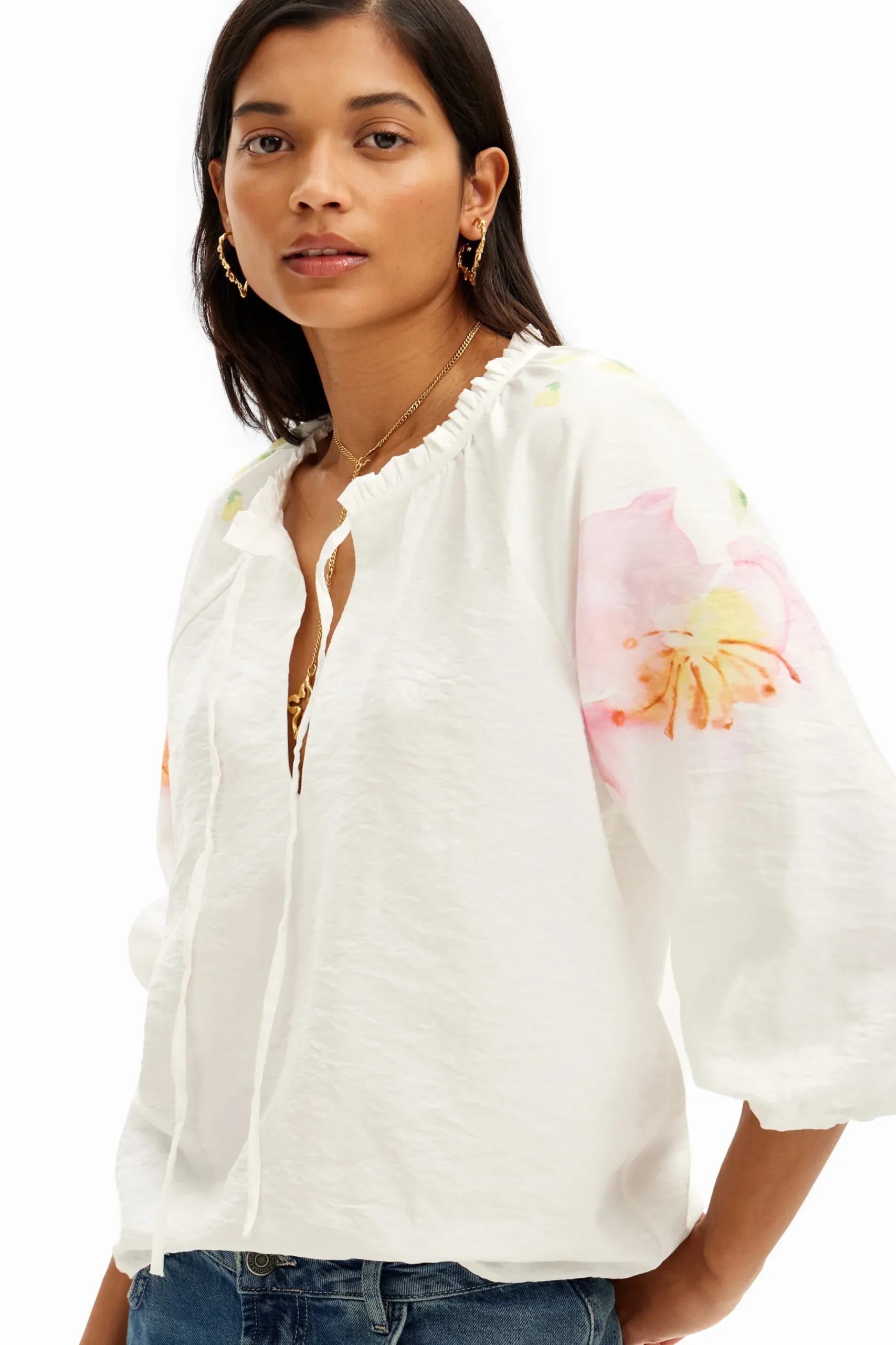 Camisas Y Blusas-Desigual Blusa vaporosa con estampado de flores en acuarela