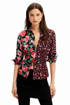 Camisas Y Blusas-Desigual Camisa fruncida flores