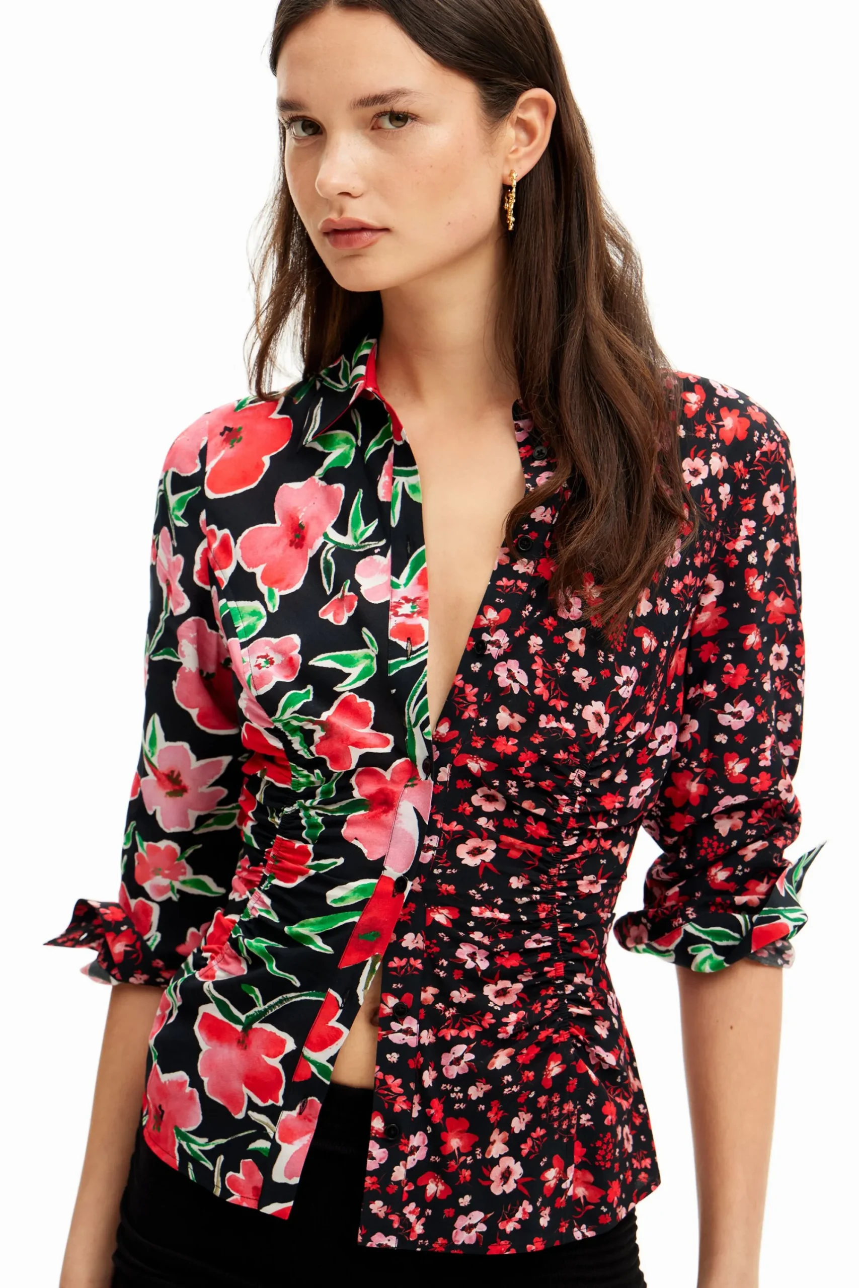 Camisas Y Blusas-Desigual Camisa fruncida flores