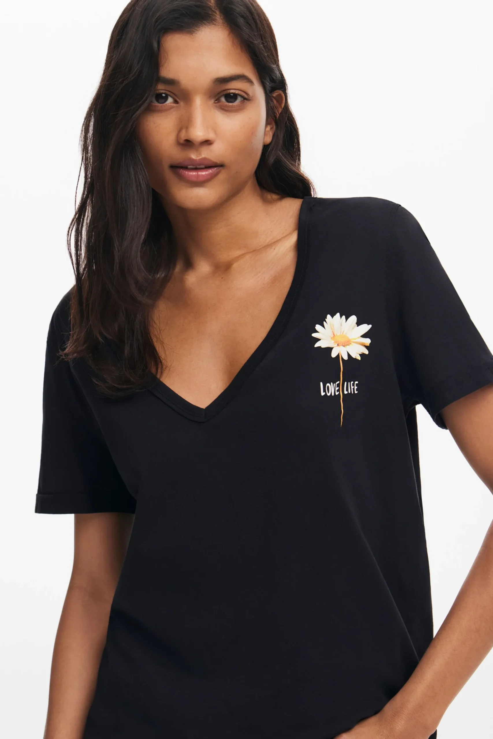 Camisas Y Blusas|Camisetas-Desigual Camiseta escote pico flor