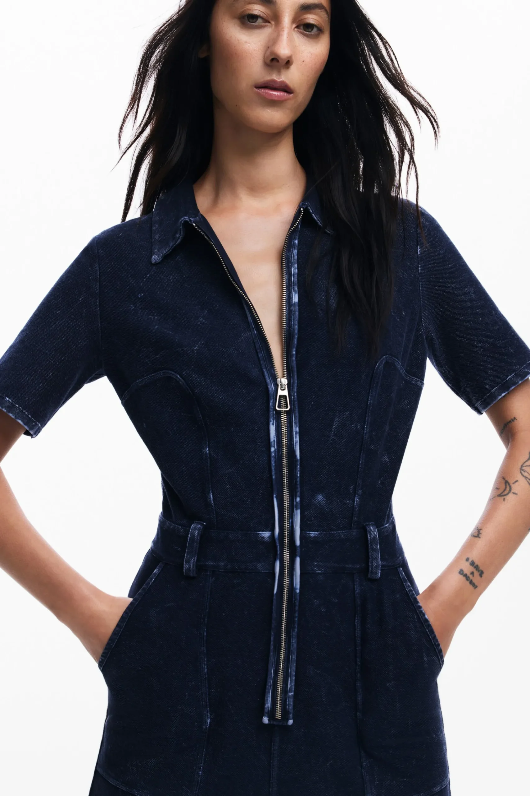 Pantalones|Vestidos Y Monos-Desigual Mono denim efecto lavado