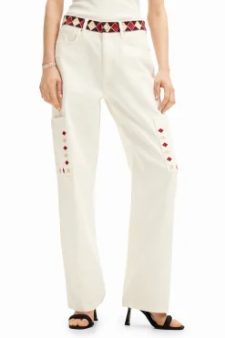 Vaqueros-Desigual Pantalón denim cropped con bordes de rombos