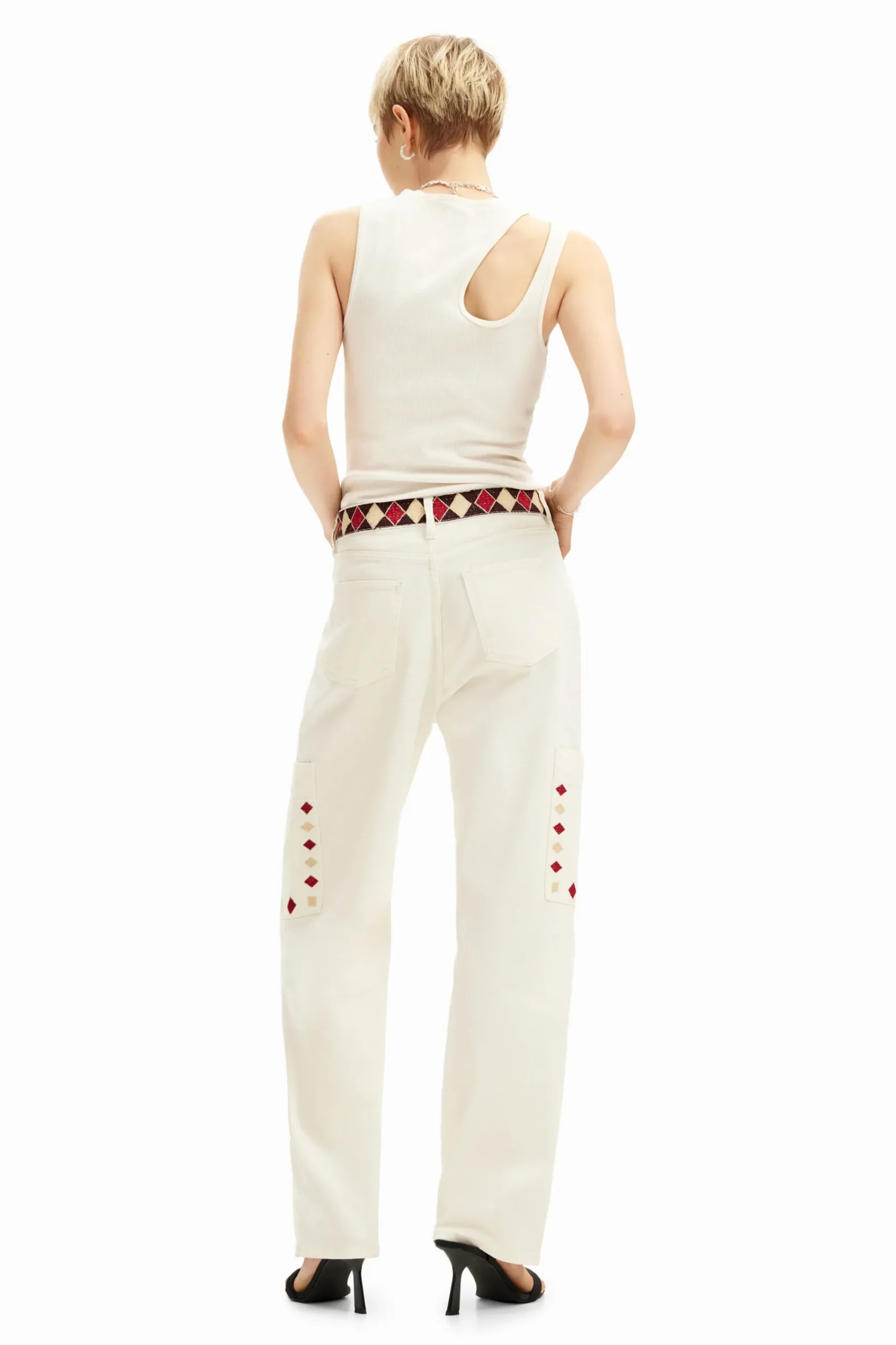 Vaqueros-Desigual Pantalón denim cropped con bordes de rombos