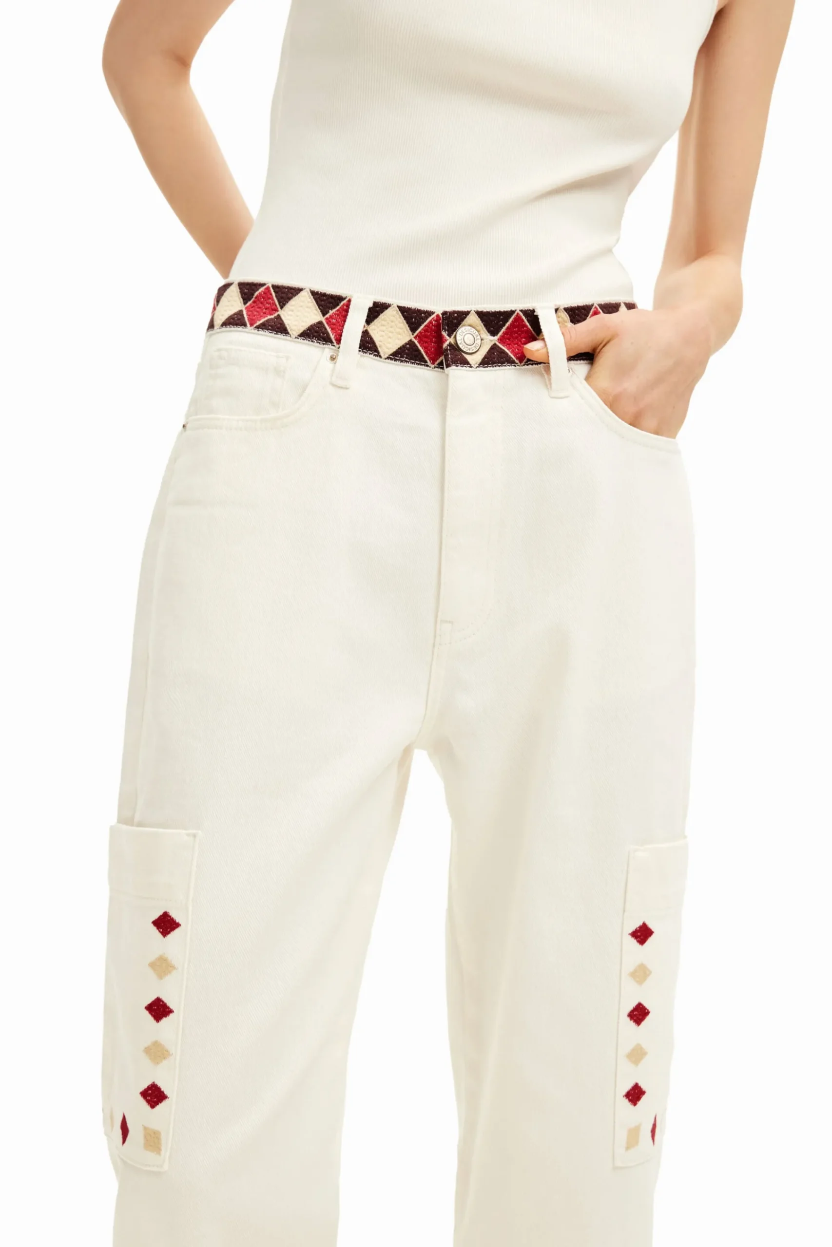 Vaqueros-Desigual Pantalón denim cropped con bordes de rombos