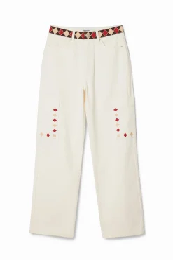 Vaqueros-Desigual Pantalón denim cropped con bordes de rombos