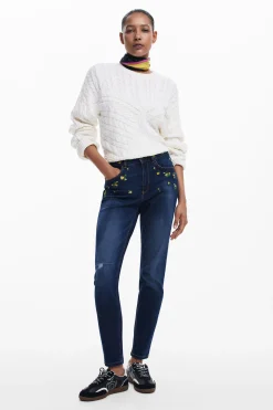 Vaqueros|Pantalones-Desigual Pantalon denim flores