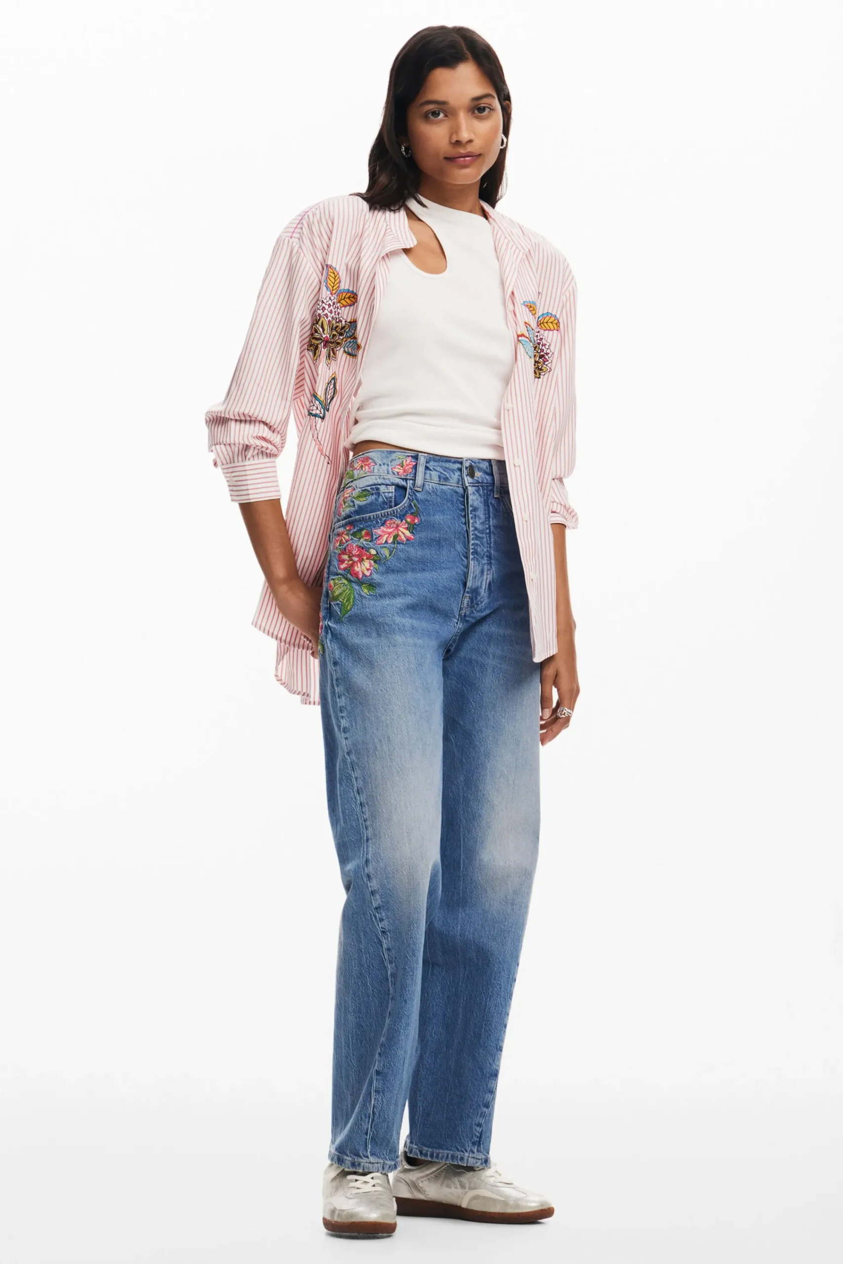 Vaqueros|Pantalones-Desigual Pantalones largos denim flores