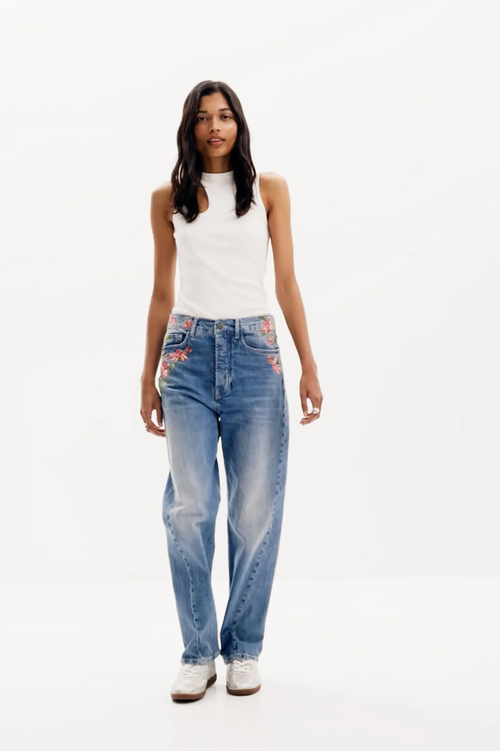 Vaqueros|Pantalones-Desigual Pantalones largos denim flores