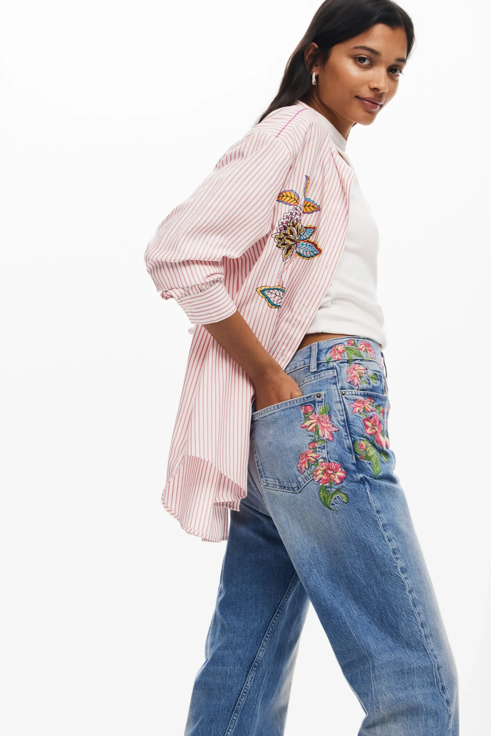 Vaqueros|Pantalones-Desigual Pantalones largos denim flores