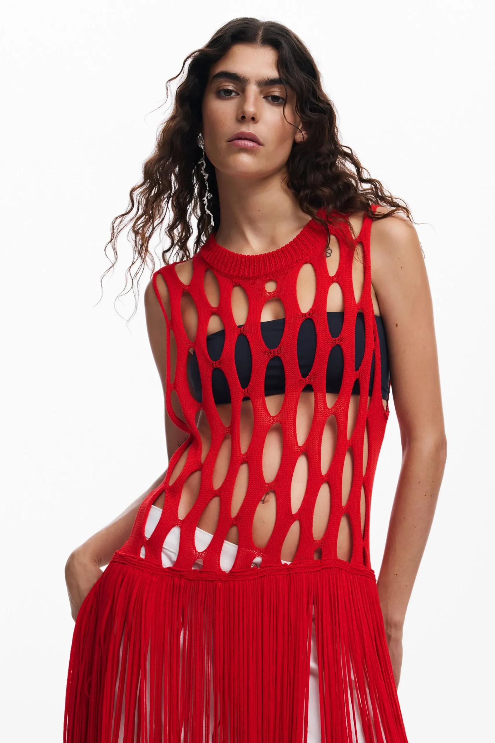 Ropa De Punto|Camisas Y Blusas-Desigual Top red flecos