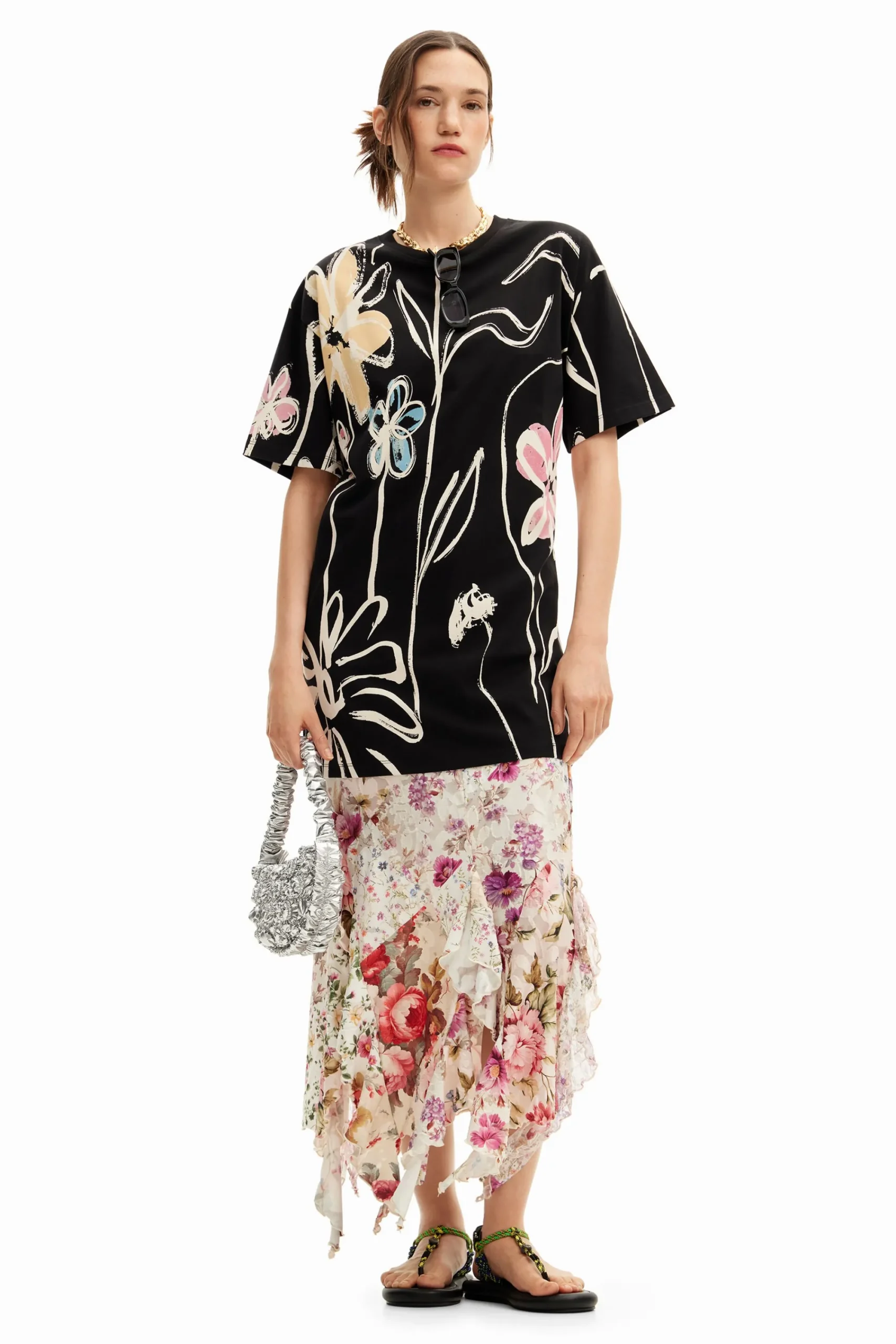 Vestidos Y Monos-Desigual Vestido corto flores ilustradas