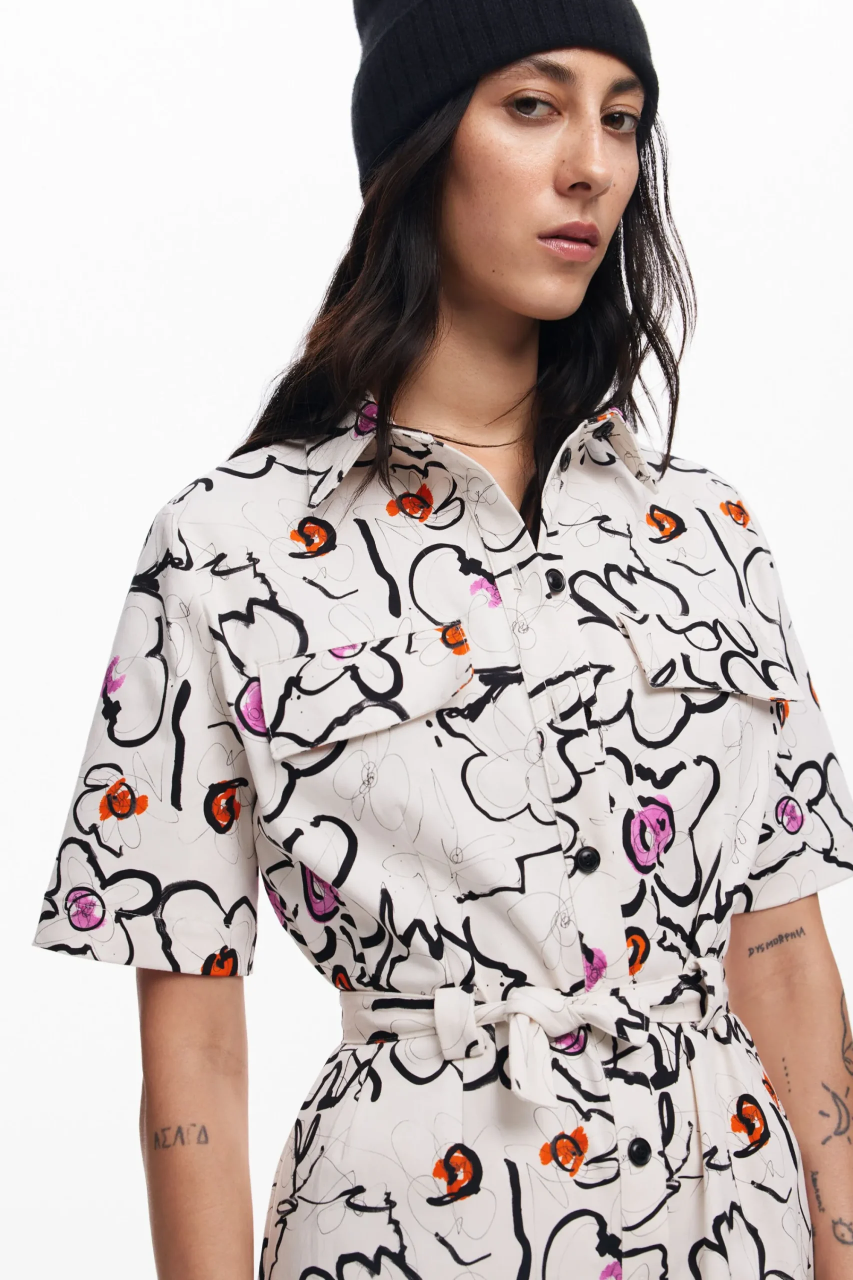 Vestidos Y Monos-Desigual Vestido flores dibujadas