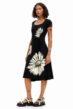 Vestidos Y Monos-Desigual Vestido midi de manga corta con escote y margaritas